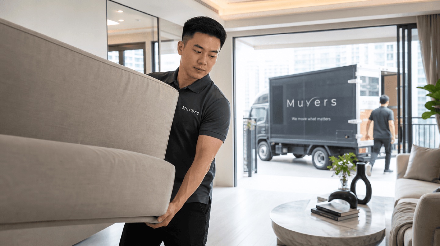 A crew member carrying a sofa out to the lorry