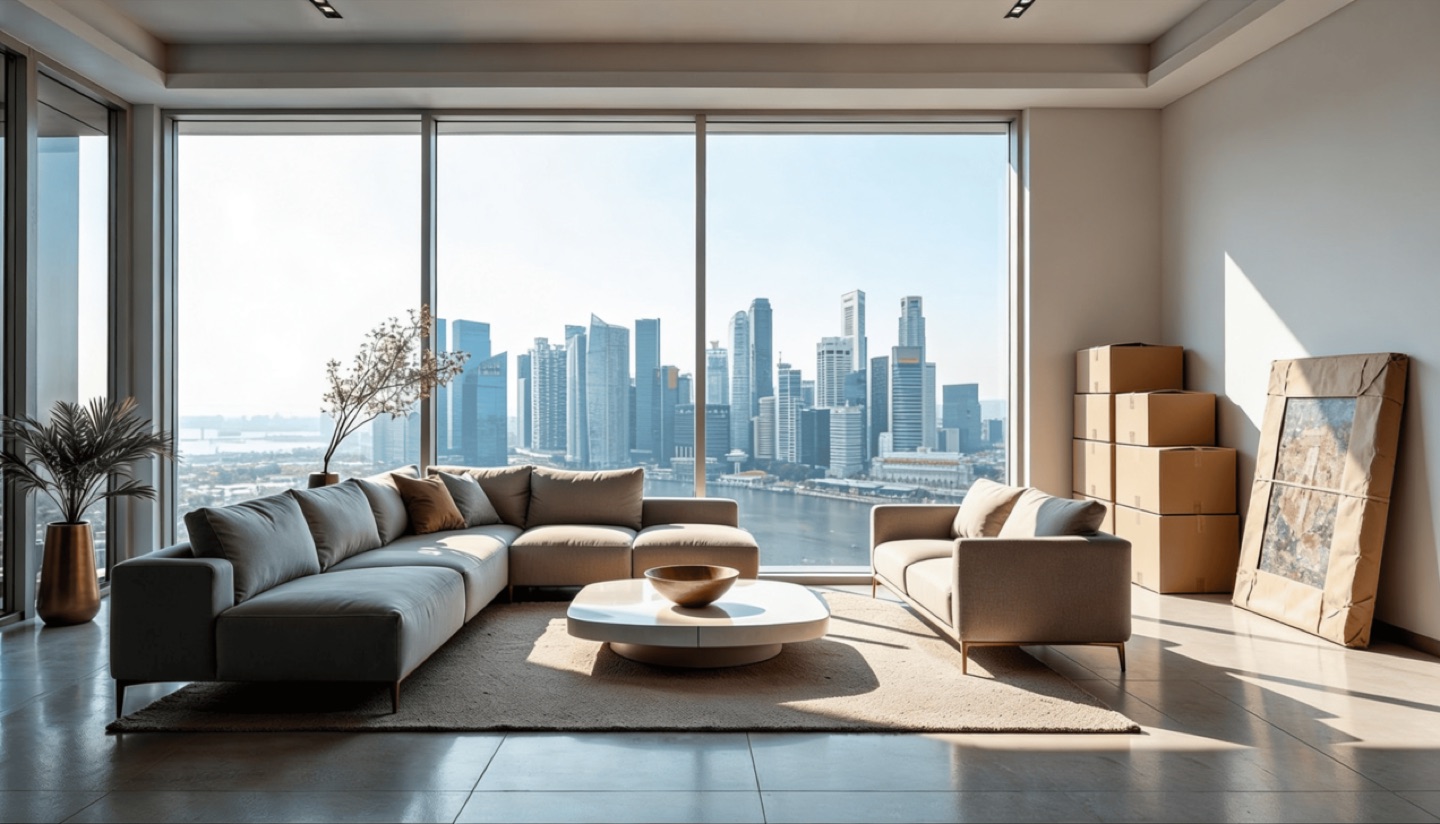 A living room part packed, cartons and a wrapped picture beside the window